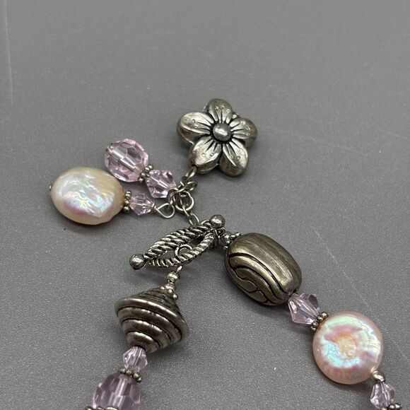 Artisan Silver Plated Bead Necklace Coin Pearl Pink Crystal Floral Toggle Clasp - Picture 7 of 9